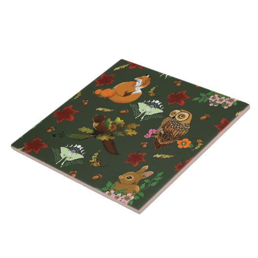 Herfst bosrijke bosdieren groen tegeltje (Zijkant)