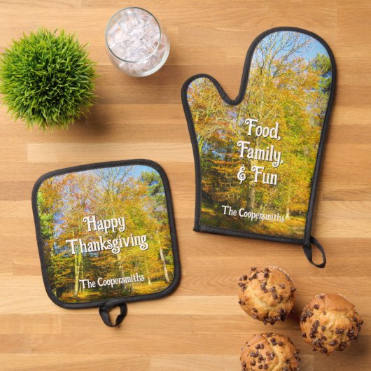 Herfst Bossen & Zonneschijn - Gepersonaliseerd Ovenwant & Pannenlap Set (Top down)