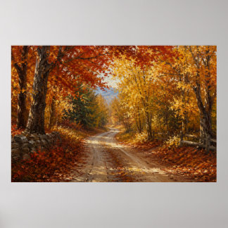 Herfst bosweg olieverfschilderij poster