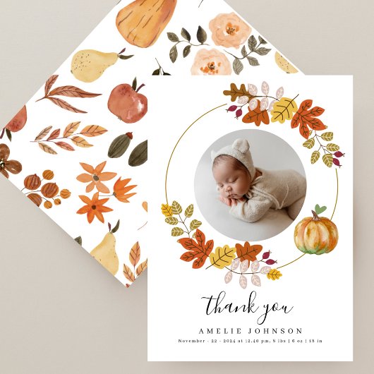 Herfst Botanicals Pompoen Baby shower Foto Bedankkaart