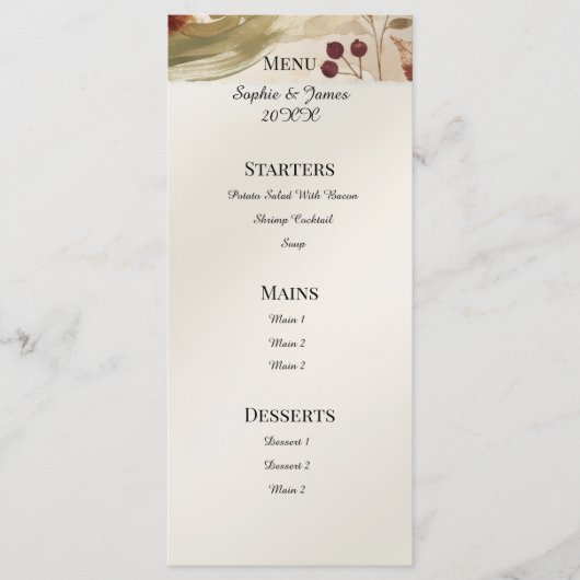 Herfst Botanisch Bloemend Huwelijksmenu Menu (Voorkant)