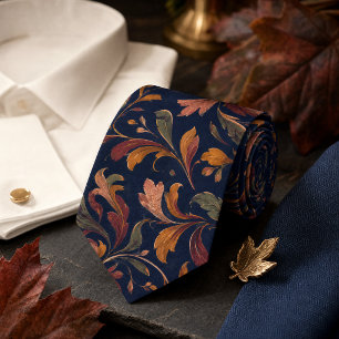 Herfst Botanisch Patroon – Diep Marineblauw Stropdas