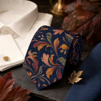 Herfst Botanisch Patroon – Diep Marineblauw Stropdas