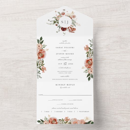 Herfst Botanische Bloemen Smaragd Groene Bruiloft All In One Uitnodiging (Binnen)