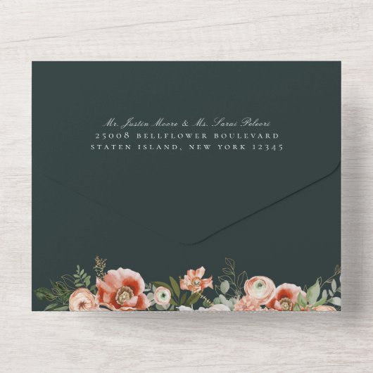 Herfst Botanische Bloemen Smaragd Groene Bruiloft All In One Uitnodiging (Achterkant)