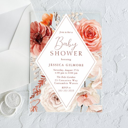 Herfst Botanische Boho Floral Neutraal Baby shower Acryl Uitnodigingen