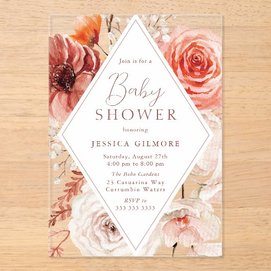 Herfst Botanische Boho Floral Neutraal Baby shower Acryl Uitnodigingen (Voorkant)