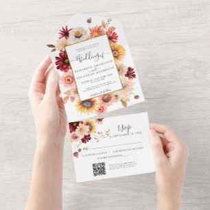 Herfst Bourgogne Blush QR RSVP Gold Floral Wedding All In One Uitnodiging