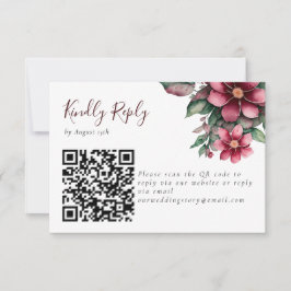 Herfst Bourgogne Bruiloft QR Code Bloemen RSVP Kaartje