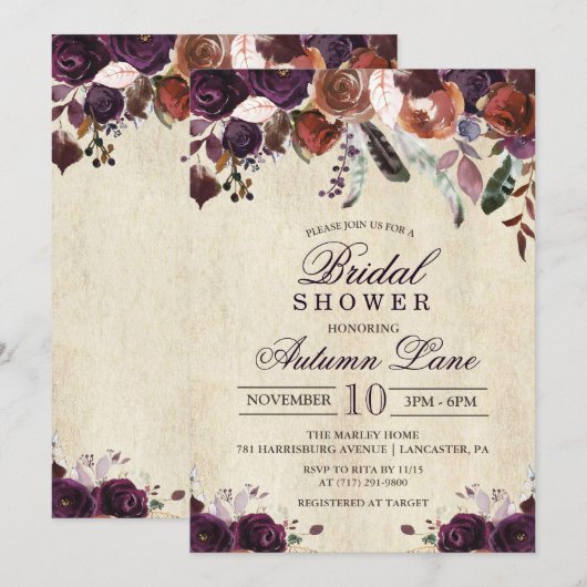 Herfst Bourgogne Donker Bloemen Bruidsdouche Uitno Kaart (Voorkant / Achterkant)