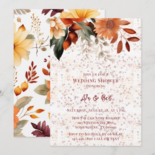 Herfst Bourgogne Sinaasappel Bloemen Trouwdouche Kaart (Voorkant / Achterkant)