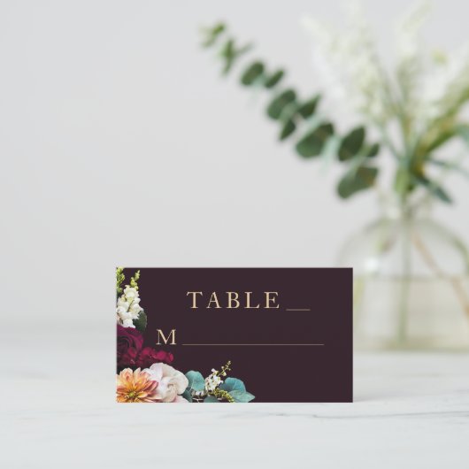 Herfst Bourgondië Bloemen Goud Typografie Huwelijk Plaatskaartje (Staand voorkant)