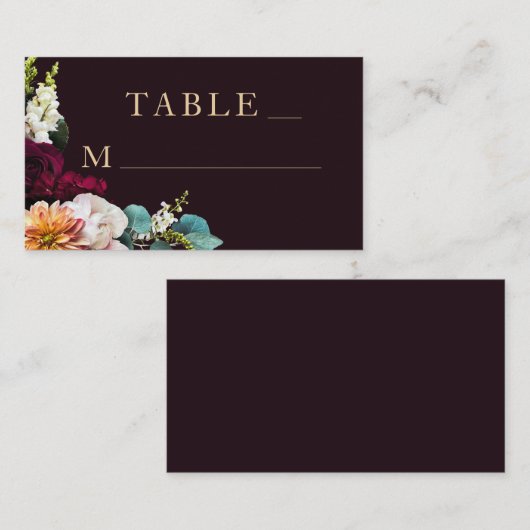 Herfst Bourgondië Bloemen Goud Typografie Huwelijk Plaatskaartje (Voorkant / Achterkant)