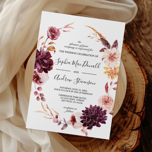 Herfst Bourgondië bloemen krans bruiloft Kaart