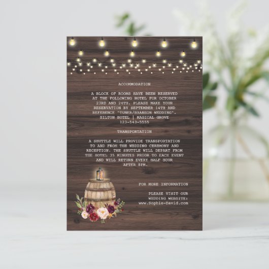 Herfst Bourgondië Bloemen Wijnvat Trouwdetails Informatiekaartje (Staand voorkant)