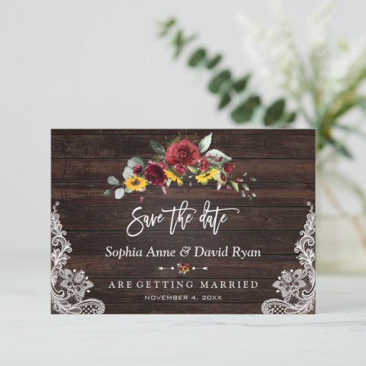 Herfst Bourgondië Bloemige Zonnebloemen Houten Kan Save The Date (Staand voorkant)