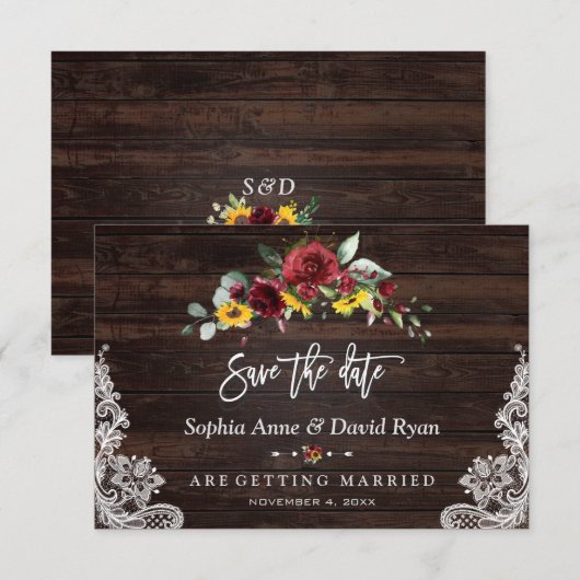 Herfst Bourgondië Bloemige Zonnebloemen Houten Kan Save The Date (Voorkant / Achterkant)