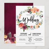 Herfst Bourgondië Blush Bloemige Bloesem Bruiloft Kaart (Voorkant / Achterkant)