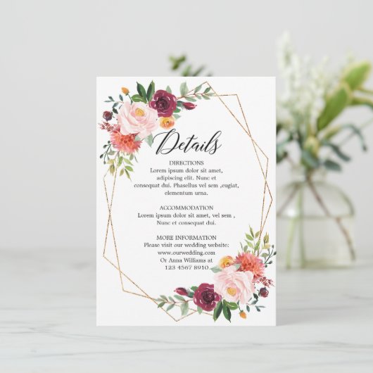Herfst Bourgondië Blush Bloemige geometrische Deta Informatiekaartje (Staand voorkant)