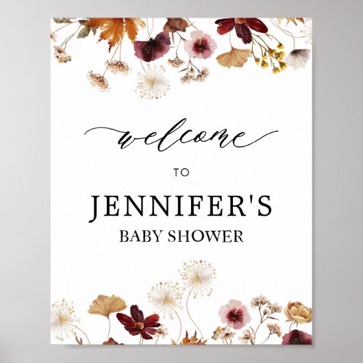 Herfst Bourgondië Boho Floral Baby shower Welkomst Poster (Voorkant)