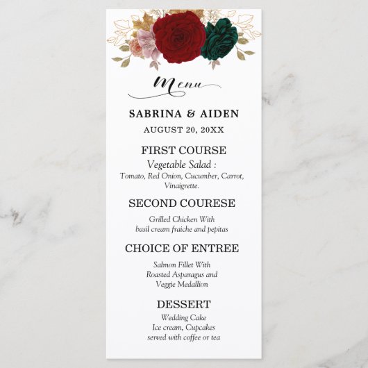 Herfst Bourgondië Emerald Greeny Floral bruiloft Menu (Voorkant)