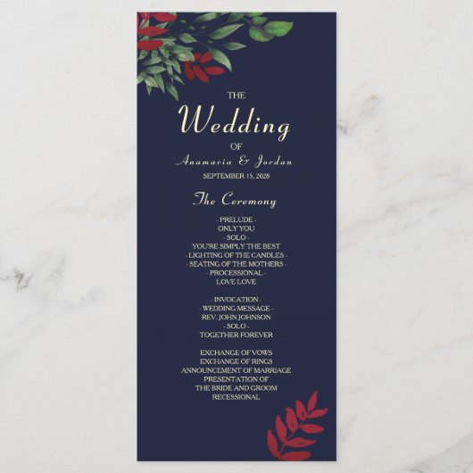Herfst Bourgondië en Navy Floral Wedding Programmakaart (Voorkant)
