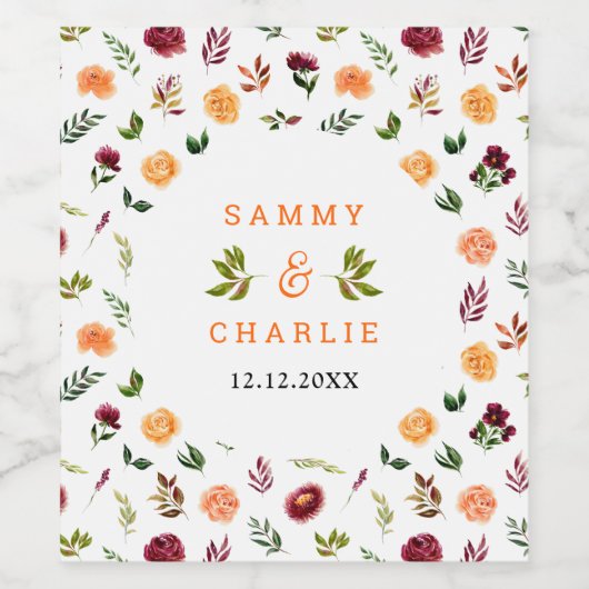 Herfst Bourgondië en Oranje Bloemige Bruiloft Wijn Etiket (Enkel label)