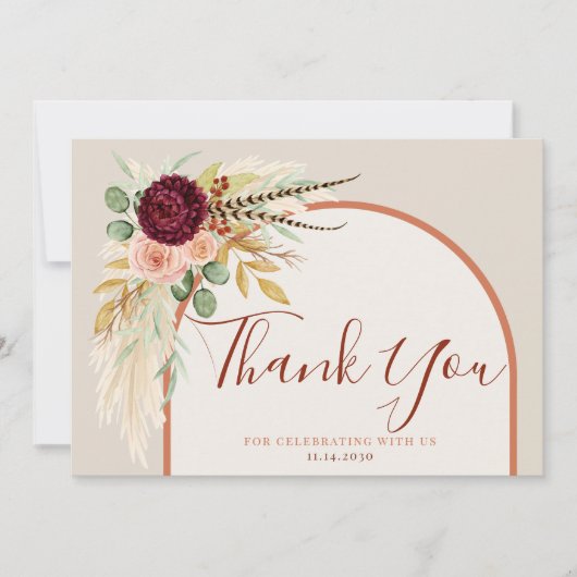 Herfst Bourgondië Eucalyptus Bloemrijke Bruiloft F Bedankkaart (Voorkant)