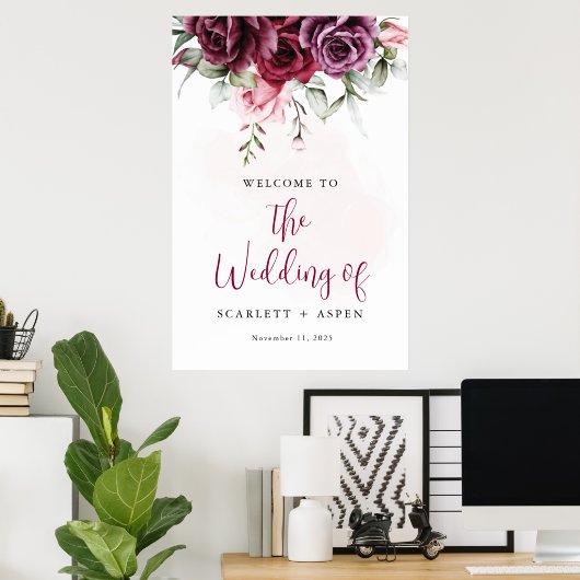 Herfst Bourgondië Merlot Bloemen Welkomstbord Poster (Thuiskantoor)