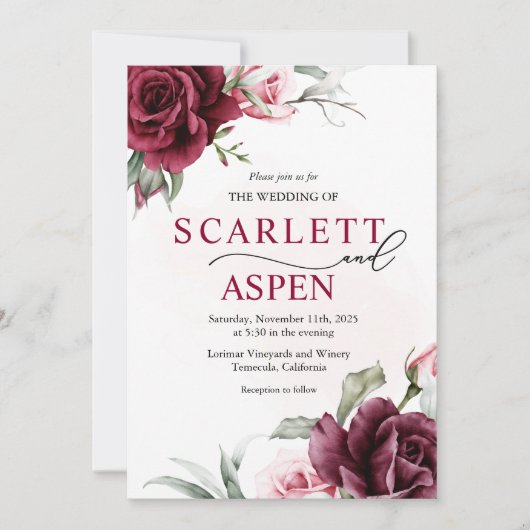 Herfst Bourgondië Merlot Floral Huwelijksuitnodigi Kaart (Voorkant)