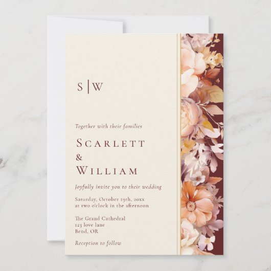 Herfst Bourgondië Modern Monogram Foto Bruiloft Kaart (Voorkant)