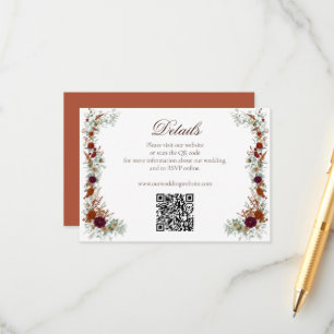 Herfst Bourgondië & Oranje Bloemen Bruiloft QR Cod Informatiekaartje