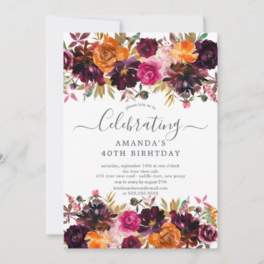 Herfst Bourgondië & Oranje Bloemen Verjaardagsfees Kaart (Voorkant)