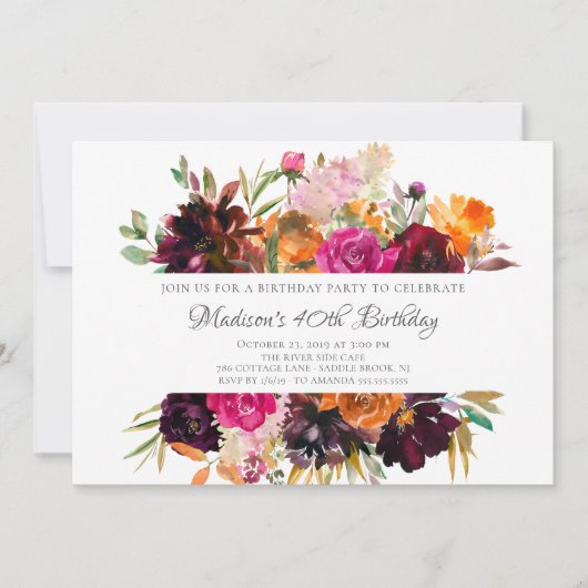 Herfst Bourgondië & Oranje Bloemige Verjaardagsfee Kaart (Voorkant)