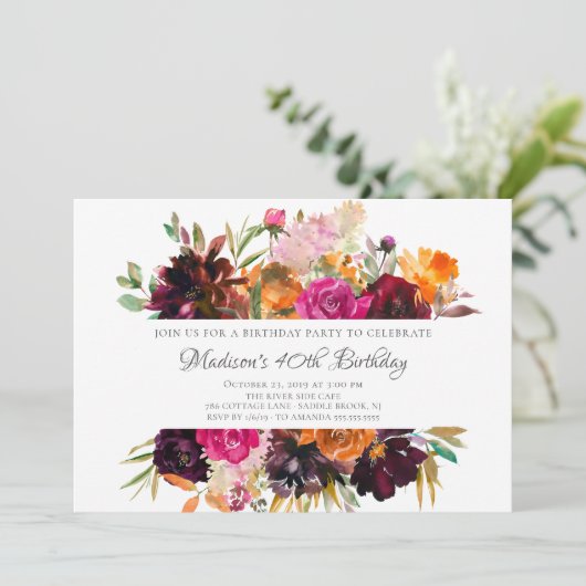 Herfst Bourgondië & Oranje Bloemige Verjaardagsfee Kaart (Staand voorkant)