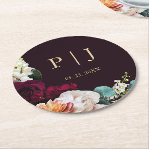 Herfst Bourgondië Roze Bloemen Goud Monogram Huwel Ronde Kartonnen Onderzetter
