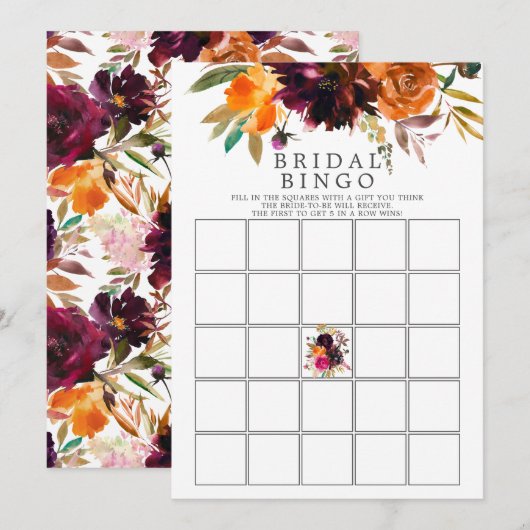 Herfst Bourgondië & Sinaasappel Bloemen Bingo Spel Kaart (Voorkant / Achterkant)