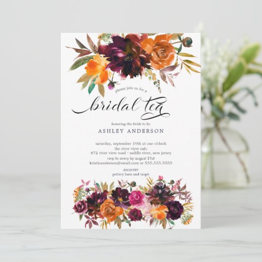 Herfst Bourgondië & Sinaasappel Bloemen Bruidsthee Kaart (Staand voorkant)