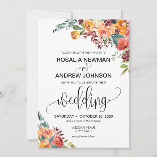 Herfst Bourgondië Sinaasappel Bloemen bruiloft uit Kaart (Voorkant)