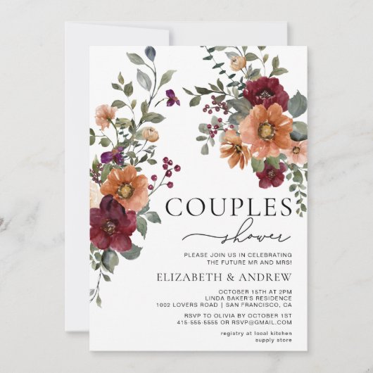 Herfst Bourgondië Terracotta Bloemenkoppels Douche Kaart (Voorkant)