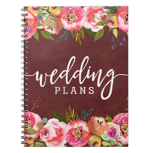 Herfst Bourgondië Waterverf Bloemen Bruiloft Plann Notitieboek (Voorkant)