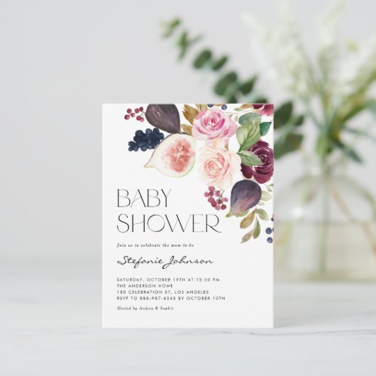 Herfst Bourgondische bloemen en vijgen Herfst Baby Uitnodiging Briefkaart (Staand voorkant)
