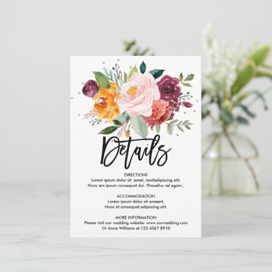 Herfst Bourgondische Blush Bloemen Trouwdetails Informatiekaartje (Staand voorkant)