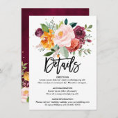 Herfst Bourgondische Blush Bloemen Trouwdetails Informatiekaartje (Voorkant / Achterkant)