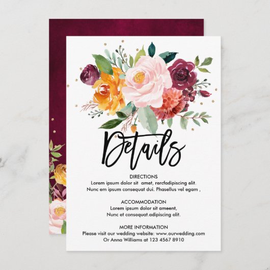 Herfst Bourgondische Blush Bloemen Trouwdetails Informatiekaartje (Voorkant / Achterkant)
