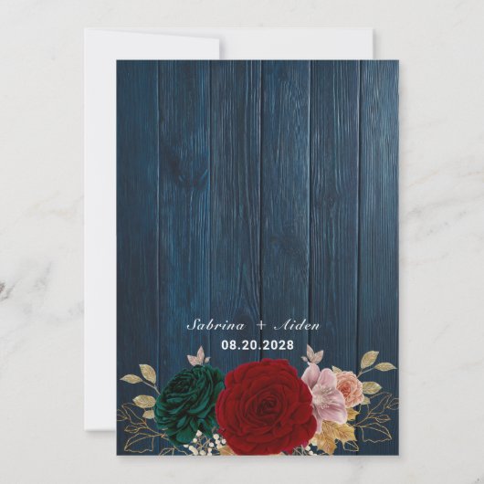 Herfst Bourgondische Emerald Greeny Houten Bruilof Kaart (Achterkant)