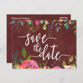 Herfst Bourgondische Waterverf Bruiloft Save the D Aankondigingskaart (Voorkant / Achterkant)