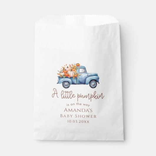 Herfst Boy Baby shower Blauwe Pompoen Vrachtwagen Bedankzakje (Voorkant)