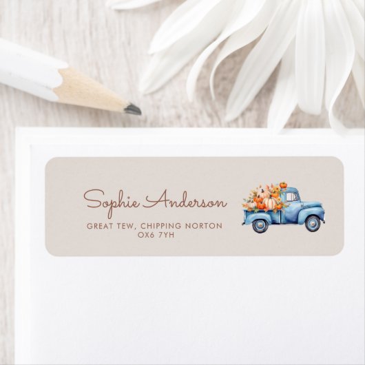 Herfst Boy Baby shower Blauwe Pompoen Vrachtwagen Etiket (Insitu)