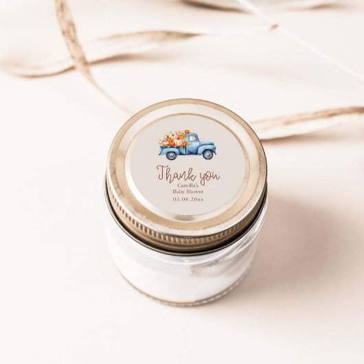 Herfst Boy Baby shower Blauwe Pompoen Vrachtwagen Ronde Sticker